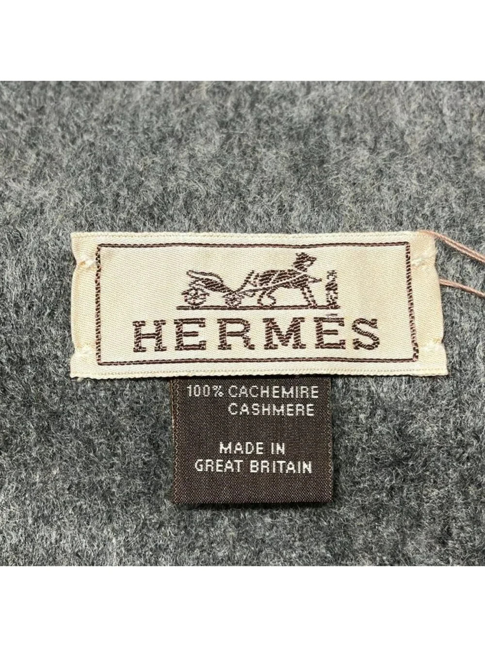 Hermes Scarf Uni Brodet Gray Logo Embroidery Fringe Cashmere - Picture 2 of 5